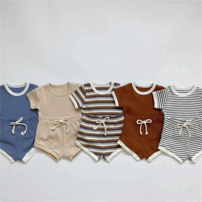 Summer 2 Pieces Toddler Infant Kid Baby Boy Clothes Sets Soft Short Sleeve T-shirt Tops Striped Shorts Summer Outifts Clothing
